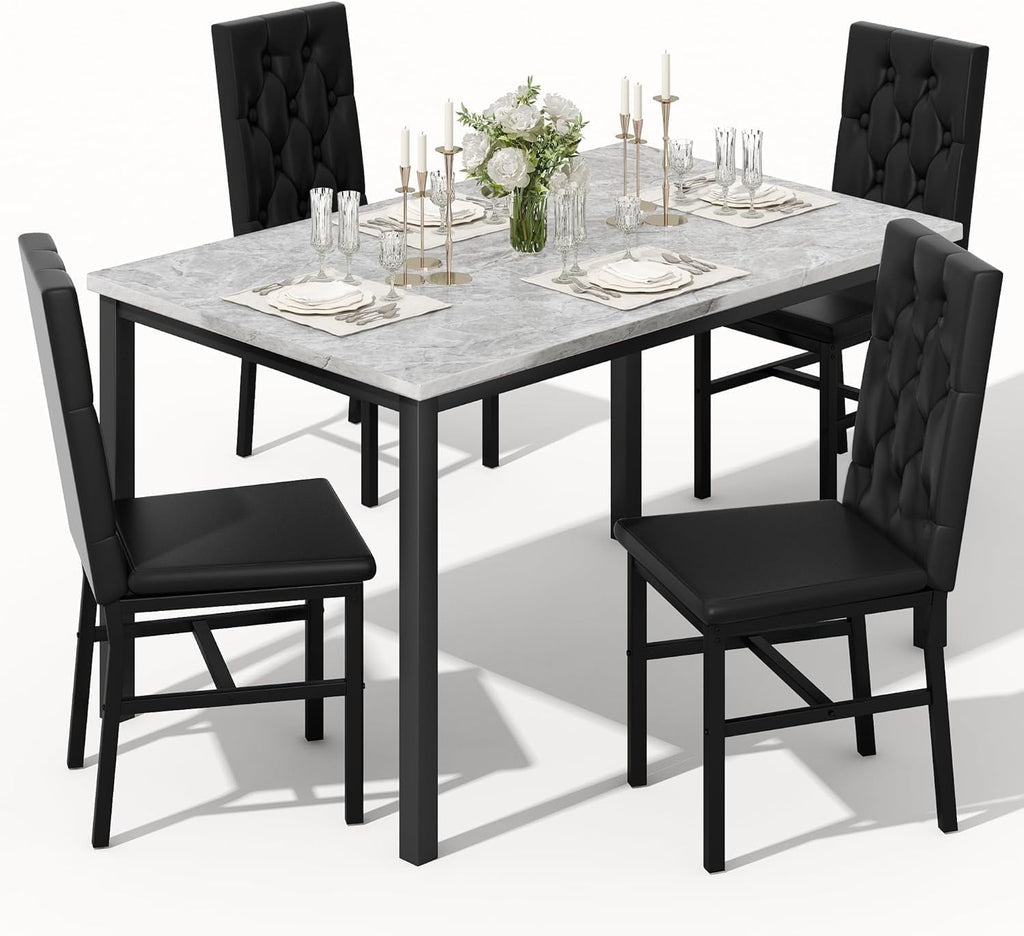 Baxluxe Dining Table Set for 4, Space Saving Rectangle Dining Table with 4 Velvet Dining Chairs, Faux Marble Kitchen Table and Chairs Set, Modern Dining Room Set for Kitchen, Pub, Beige+Gray