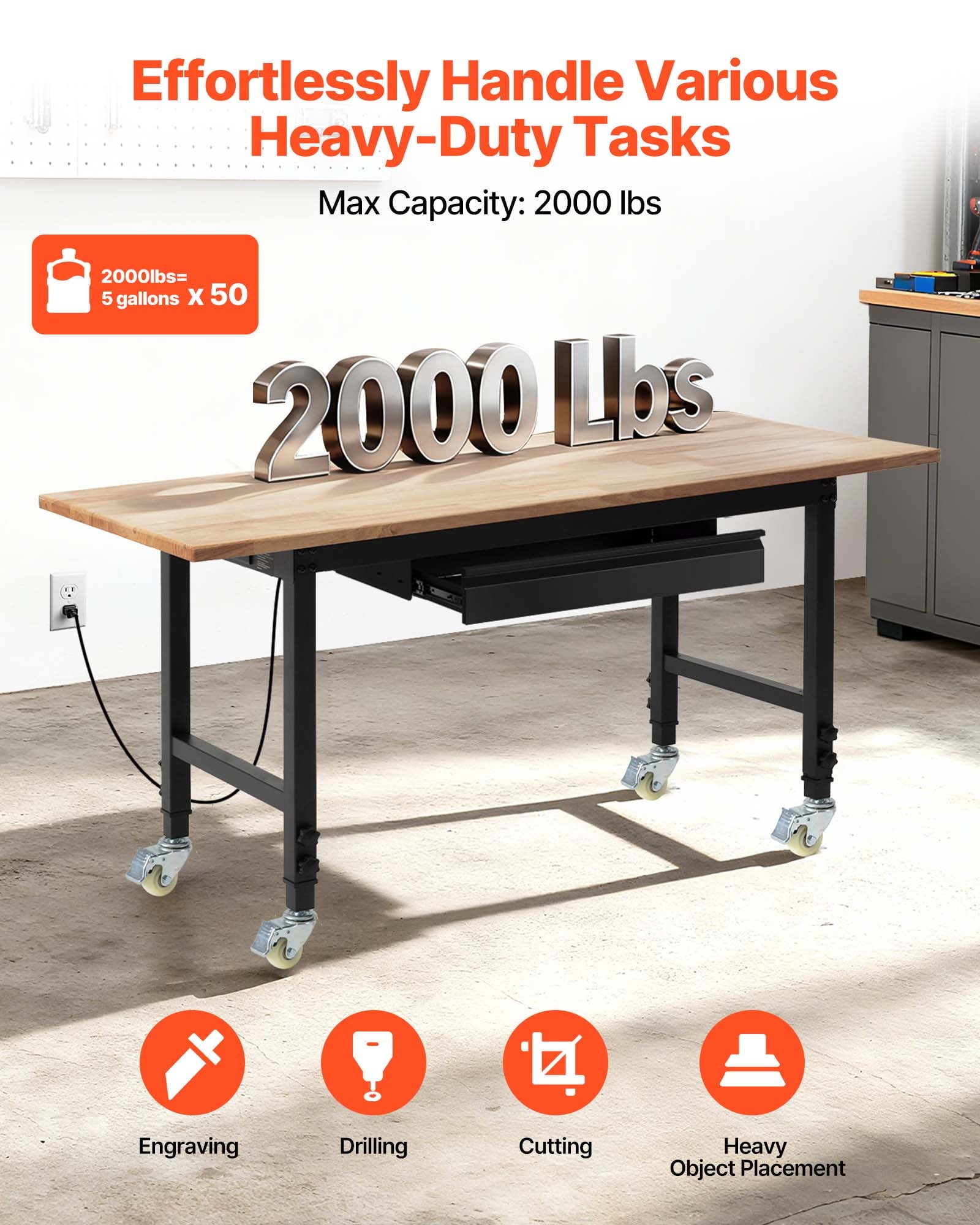 VEVOR Adjustable Workbench on Wheels, 2000 lbs Capacity, 60 x 24 Inch Oak Wood Top Workbench with Drawer & Power Outlets, Heavy-Duty Hardwood Worktable for Garage, Workshop, Home, Office, Commercial