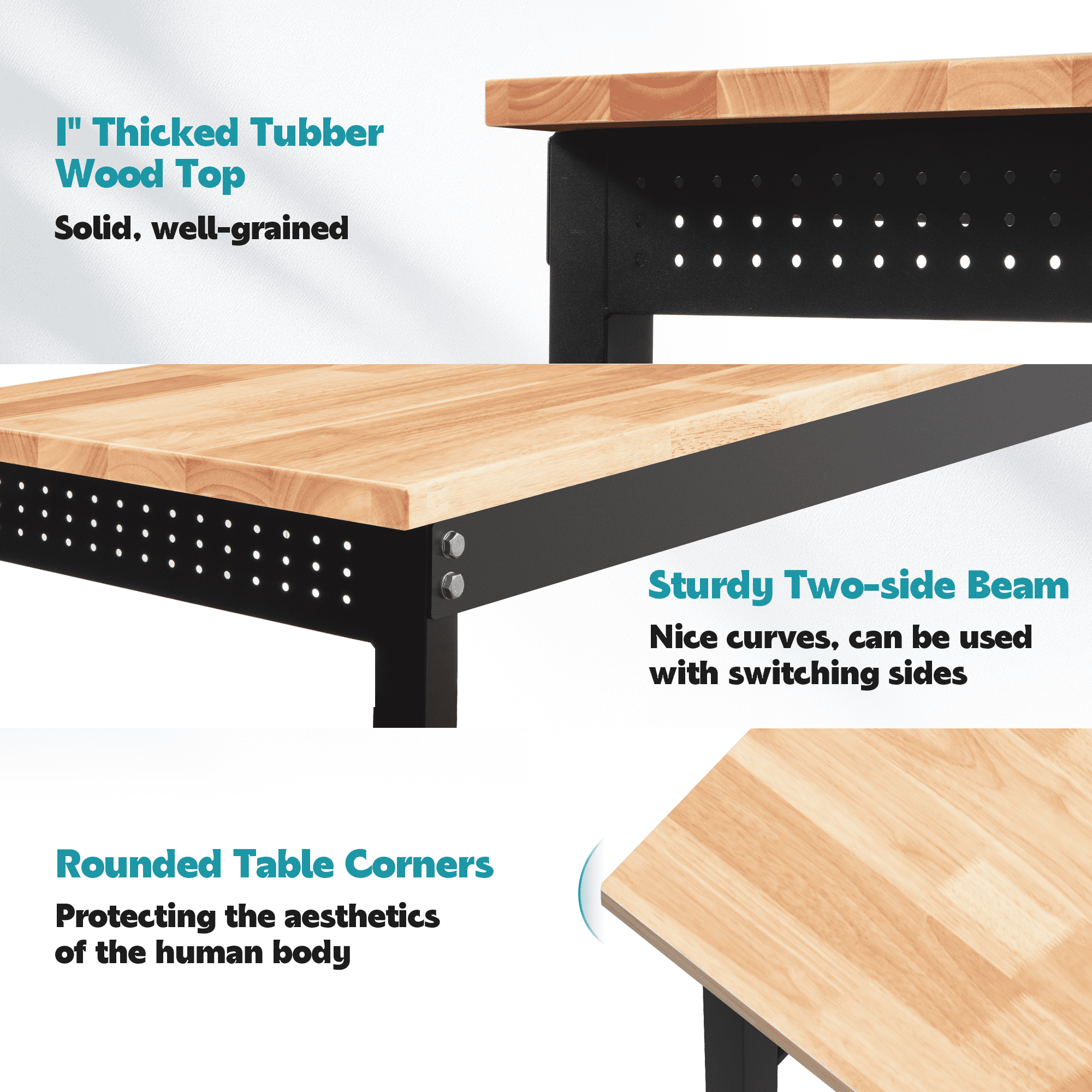 AHB 70 Adjustable Height Workbench with Power Outlets and Pegboard, 2000 lbs Heavy Duty Rubber Wood Top Work Table for Garage, Workshop, Office and Home