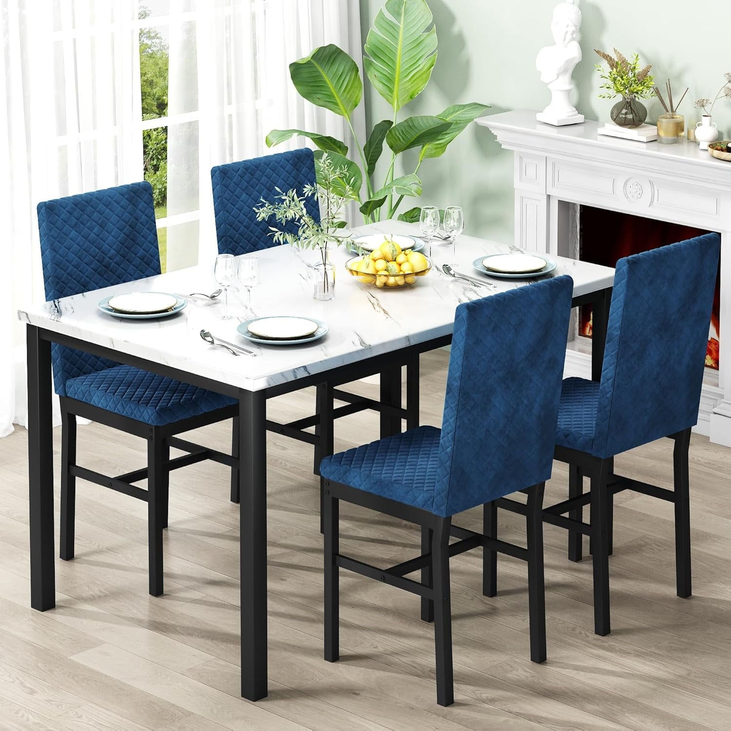 Baxluxe Dining Table Set for 4, Modern 5 Piece Dining Table Set, Faux Marble Kitchen Table and 4 Velvet Upholstered Chairs for Apartments, Dining Rooms, Small Spaces, Gray