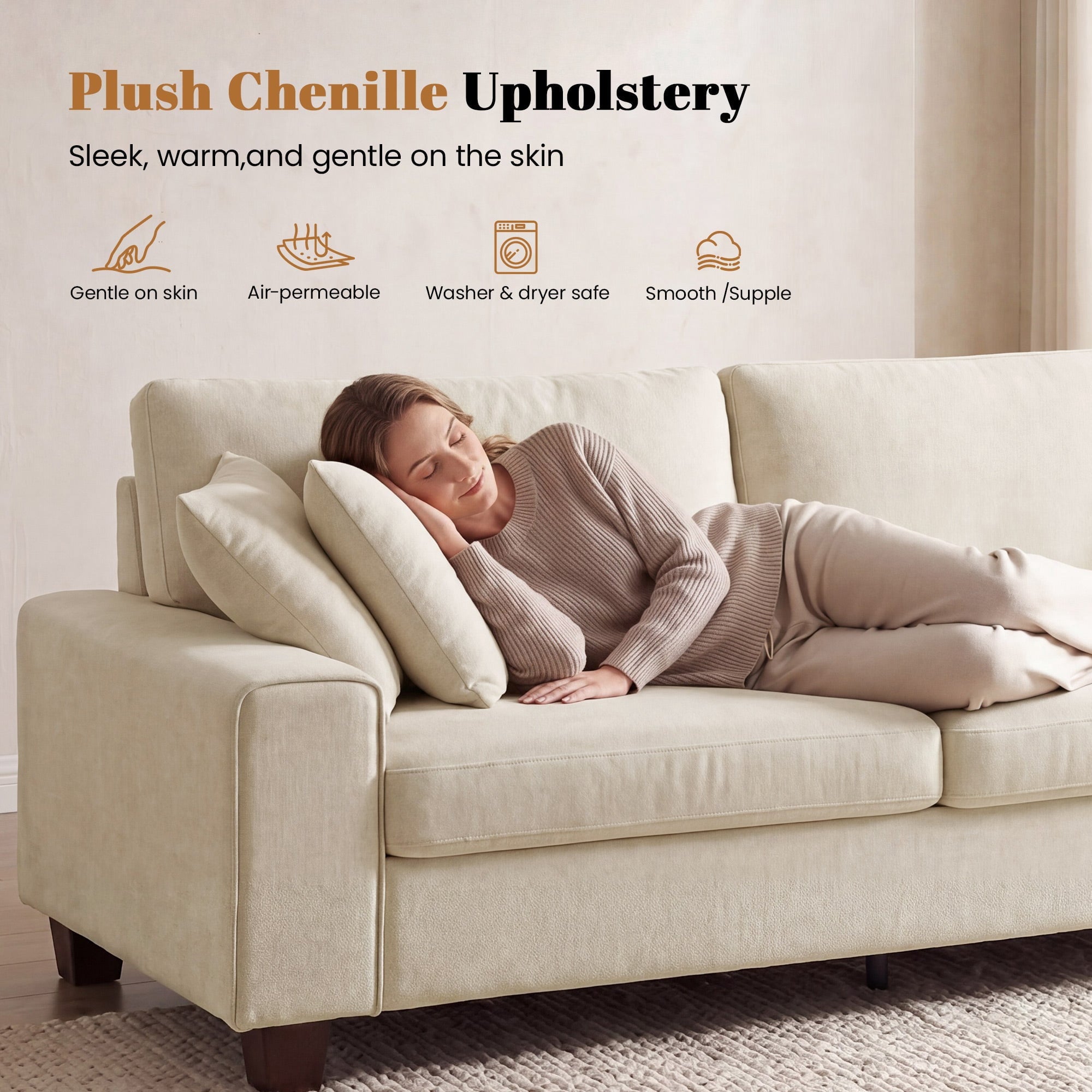 Poshby 71.25''W Loveseat 2 Seater Couch Sofa with Chenille Material, Modern for Living Room, Beige