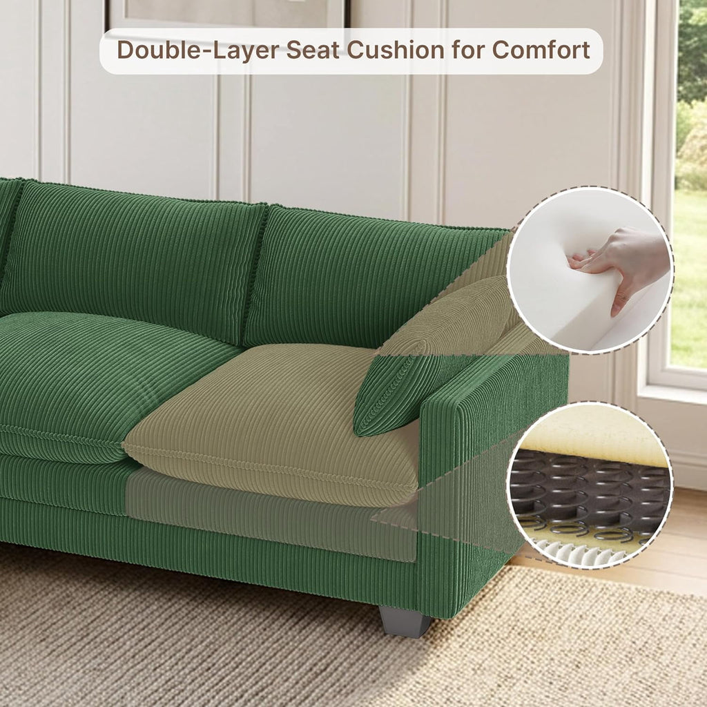 110'' Oversized L Shaped Couch for Living Room, Cloud Couches with Washable Corduroy Cover, Modern 4-Seater Comfy Deep-Seat Sofa with Movable Ottoman and 2 Throw Pillows for Apartment, Gray