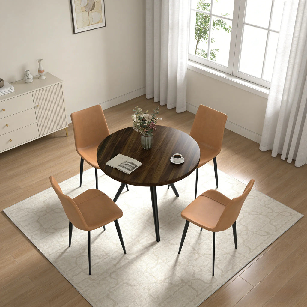 34.8 Round Dining Table Set for 4,5 Piece Mid-Century Modern Dining Set with 4 Upholstered Dining Chairs,Leisure Coffee Table for Kitchen Dining Room, Save Space