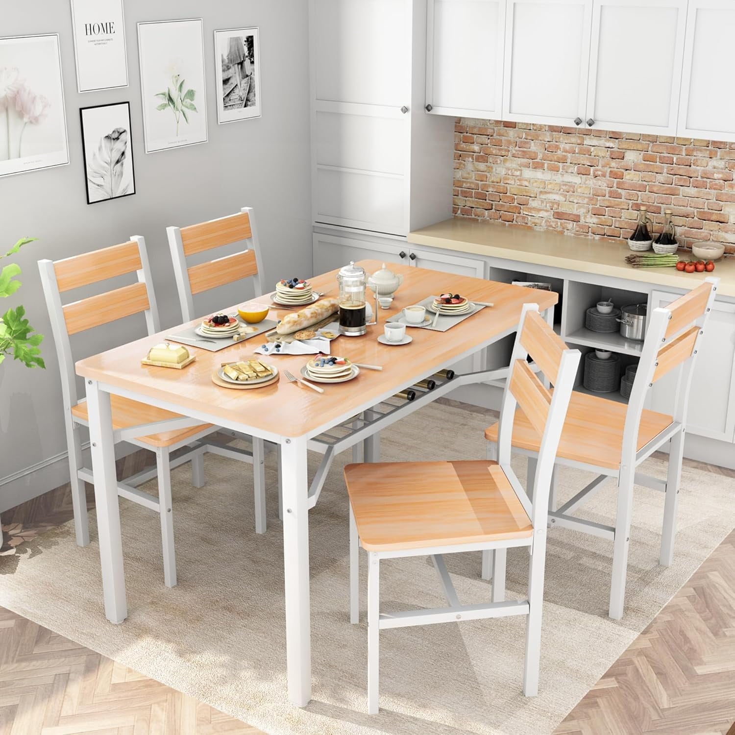 Baxluxe 4-person dining table set, farmhouse-style wooden kitchen dining table and chair set, farmhouse 5-piece dining table set with storage rack, small kitchen dining table set,Black