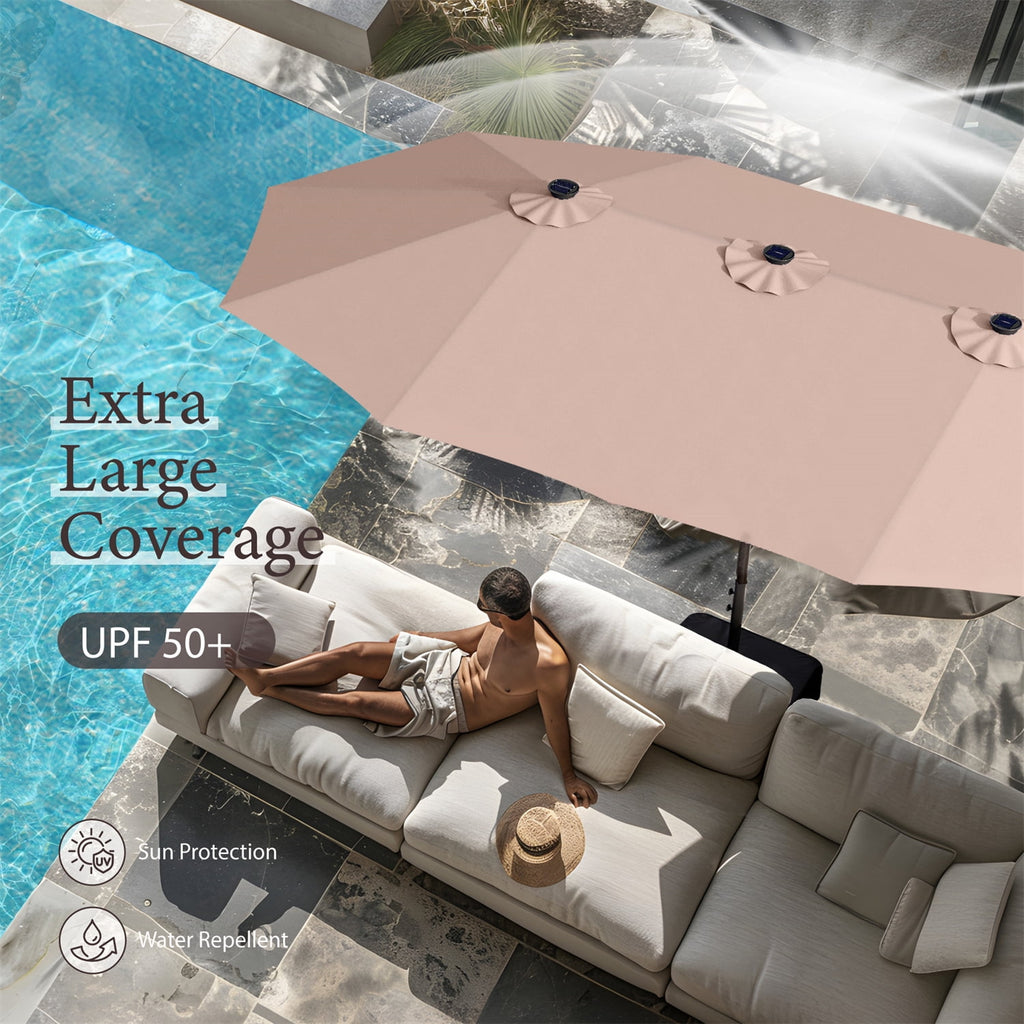 SUMMIT LIVING 15 FT Double-Sided Solar Patio Umbrella with Base Large Outdoor Umbrella with LED Solar Lights - Haze Blue