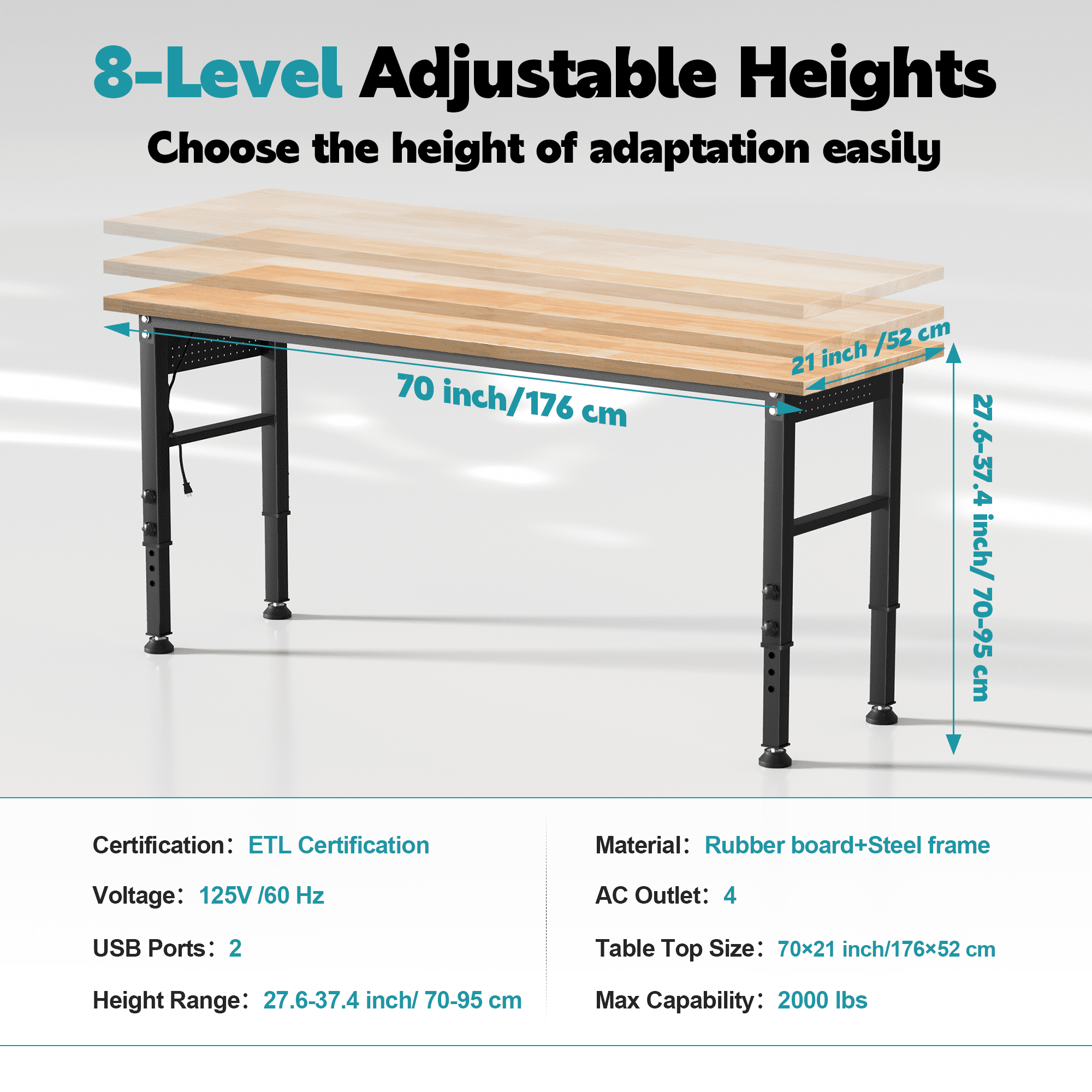 HARIPUL 96 inch Adjustable Workbench, 2000 LBS Heavy Duty Workstation with Power Outlets & Pegboard, Solid Rubber Wood Top Work Table for Garage, Workshop, Office, Commercial Use