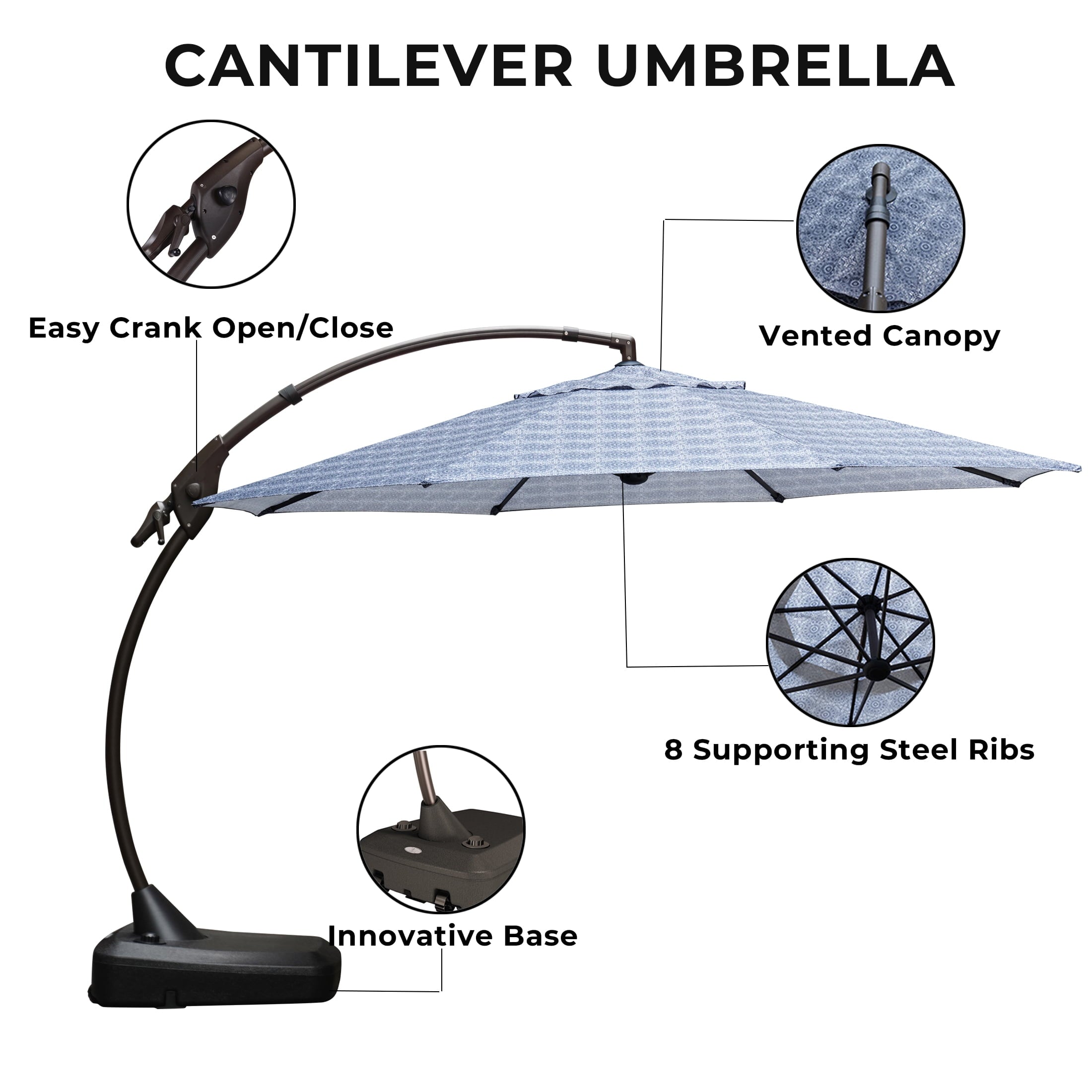 GRANDPATIO 12 Ft Outdoor Umbrella with Base, Large Aluminum Cantilever Offset Umbrella for Patio Pool, Black & White