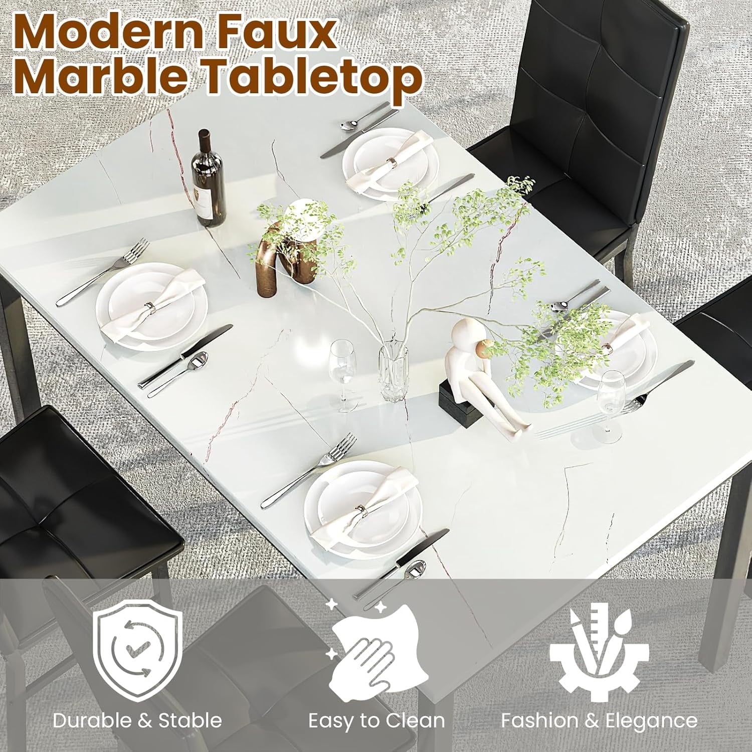 LinkRomat Dining Table Set for 4, Modern Faux Marble Tabletop and 4 PU Leather Upholstered Chairs, Kitchen Table and Chairs for Dining Room Breakfast Nook, Gray