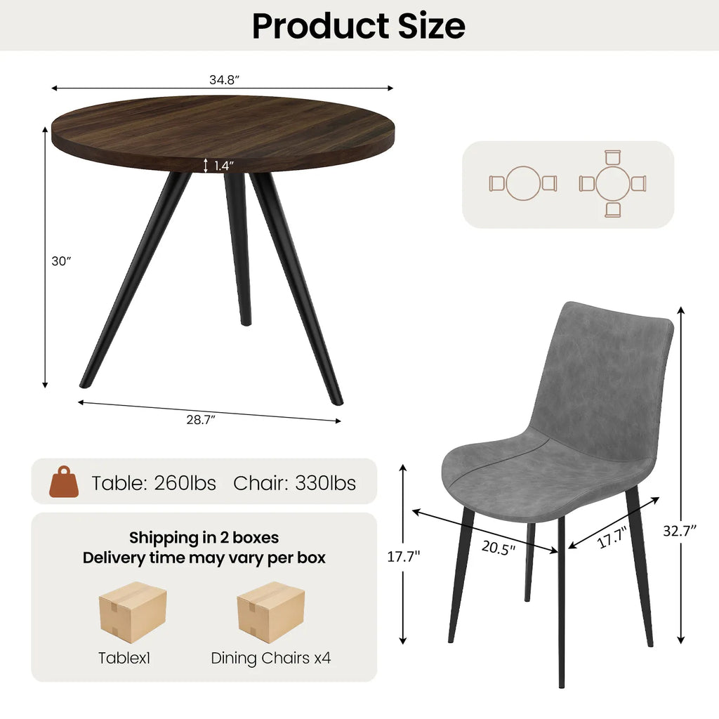 34.8 Round Dining Table for 4 People, Modern Circle Kitchen Table with Metal Legs for Kitchen, Dining Room, Apartment,Gray