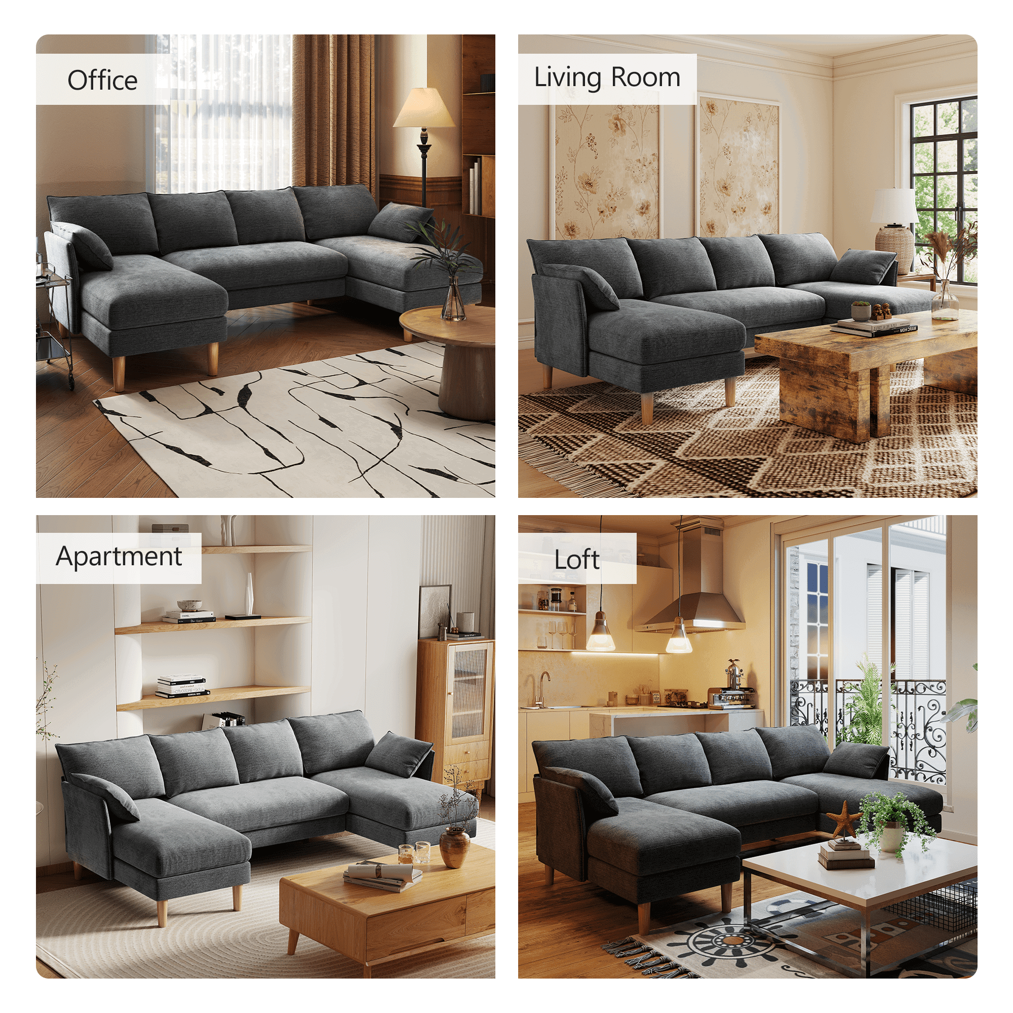 BedLuxury 100 U-Shape Sectional Sofa with Chaise, Chenille Modern Couch with High Legs for Living Room, Apartment, Beige