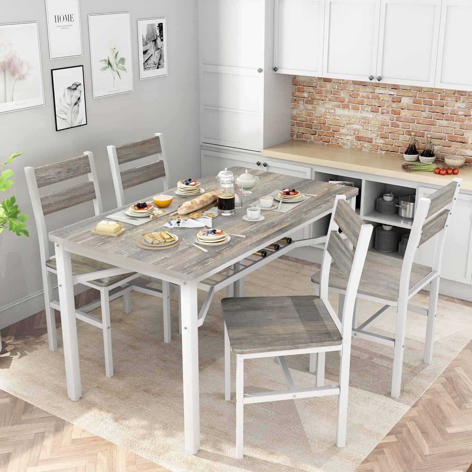 Baxluxe 4-person dining table set, farmhouse-style wooden kitchen dining table and chair set, farmhouse 5-piece dining table set with storage rack, small kitchen dining table set,Black