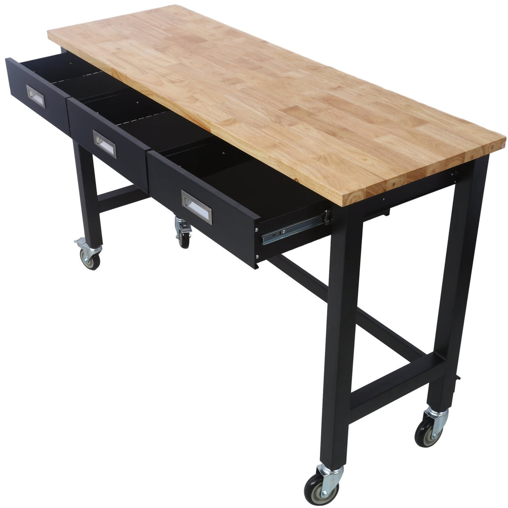 Office Desks 60in Work Bench, Workbench with Drawer Storage, Heavy Duty Bamboo Wood Work Table with Wheels for Garage Home Office,Wooden Office Desks