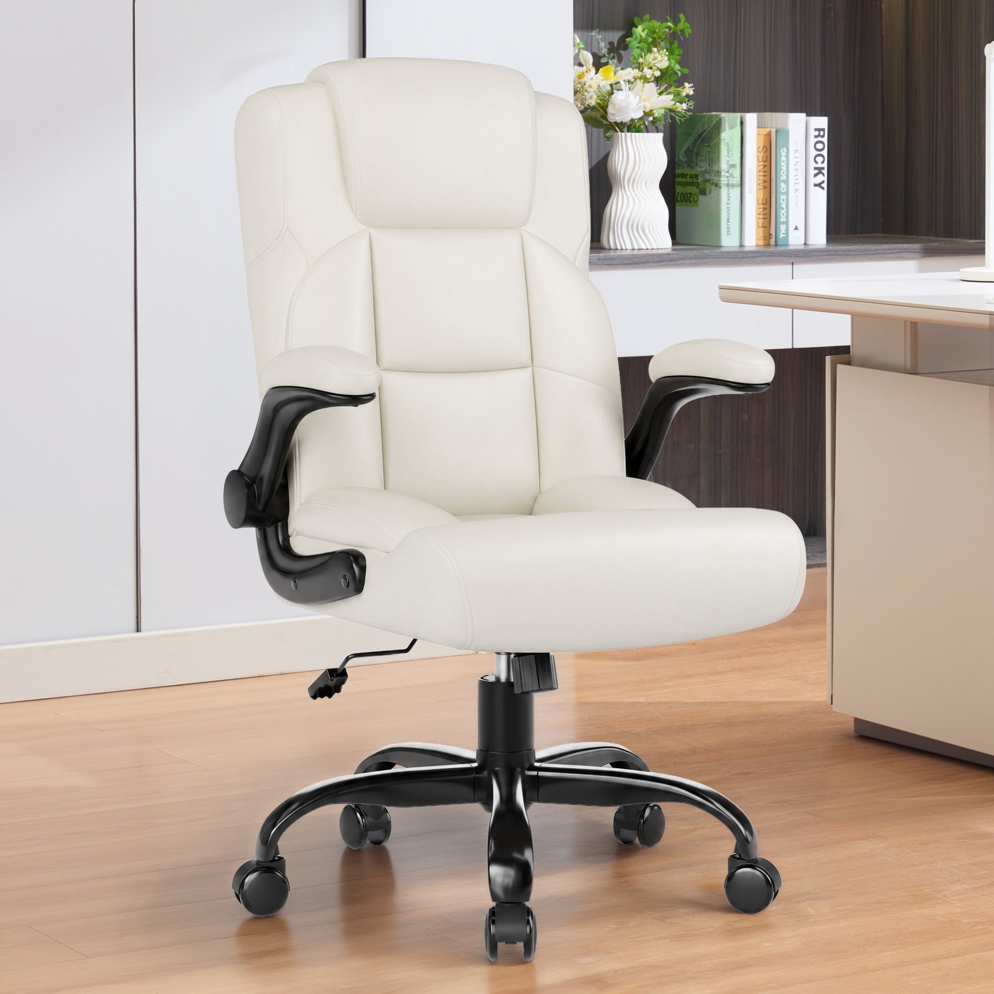 JONPONY Leather Office Chair, Big and Tall 500lbs Ergonomic Desk Chairs with Back Support, Executive Leather Chair with Wheels for Home Office, with Adjustable Padded Armrest & Lumbar Support , Black