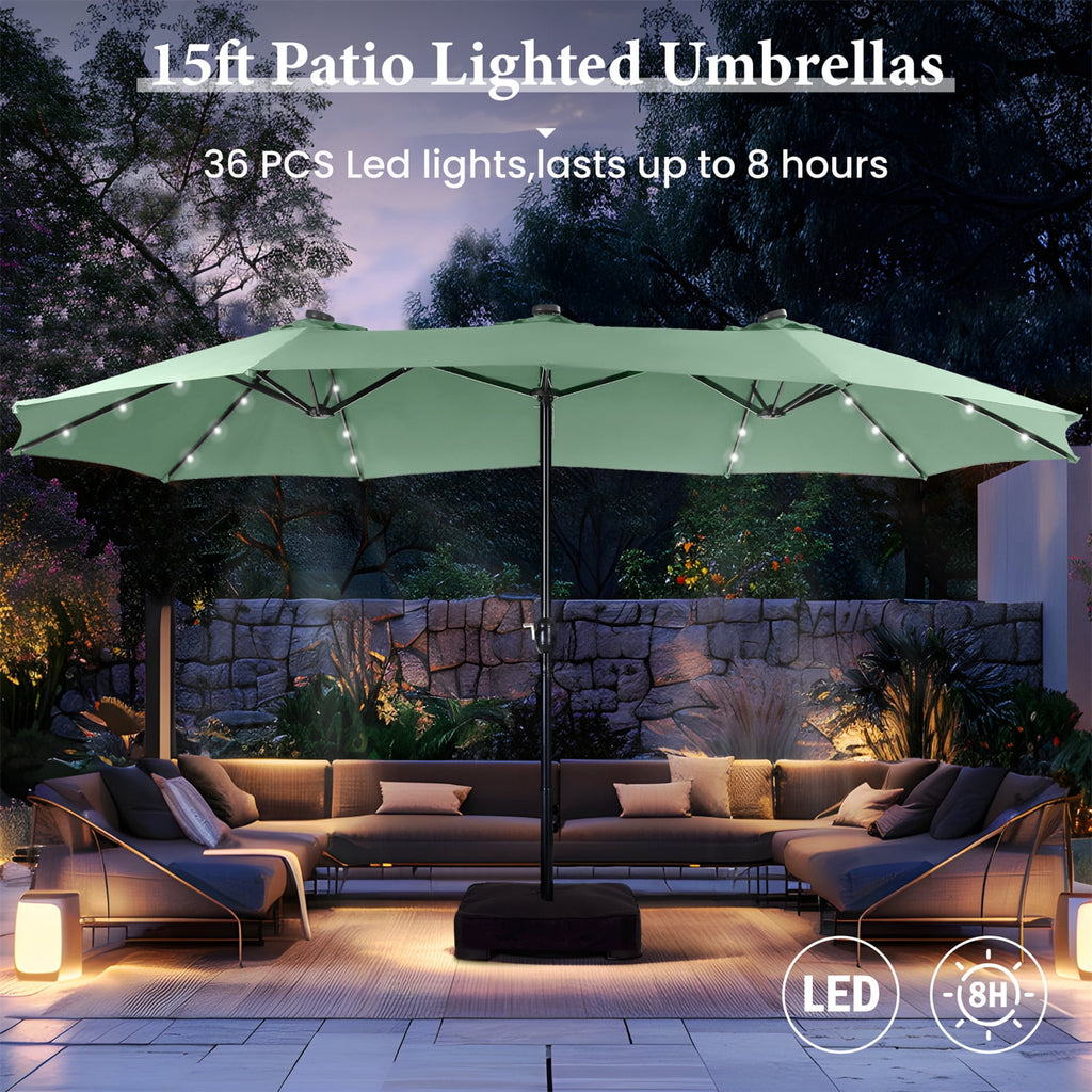SUMMIT LIVING 15ft Double-Sided Solar Patio Umbrella with Base (Included) Large Outdoor Umbrella with Solar Lights - Beige