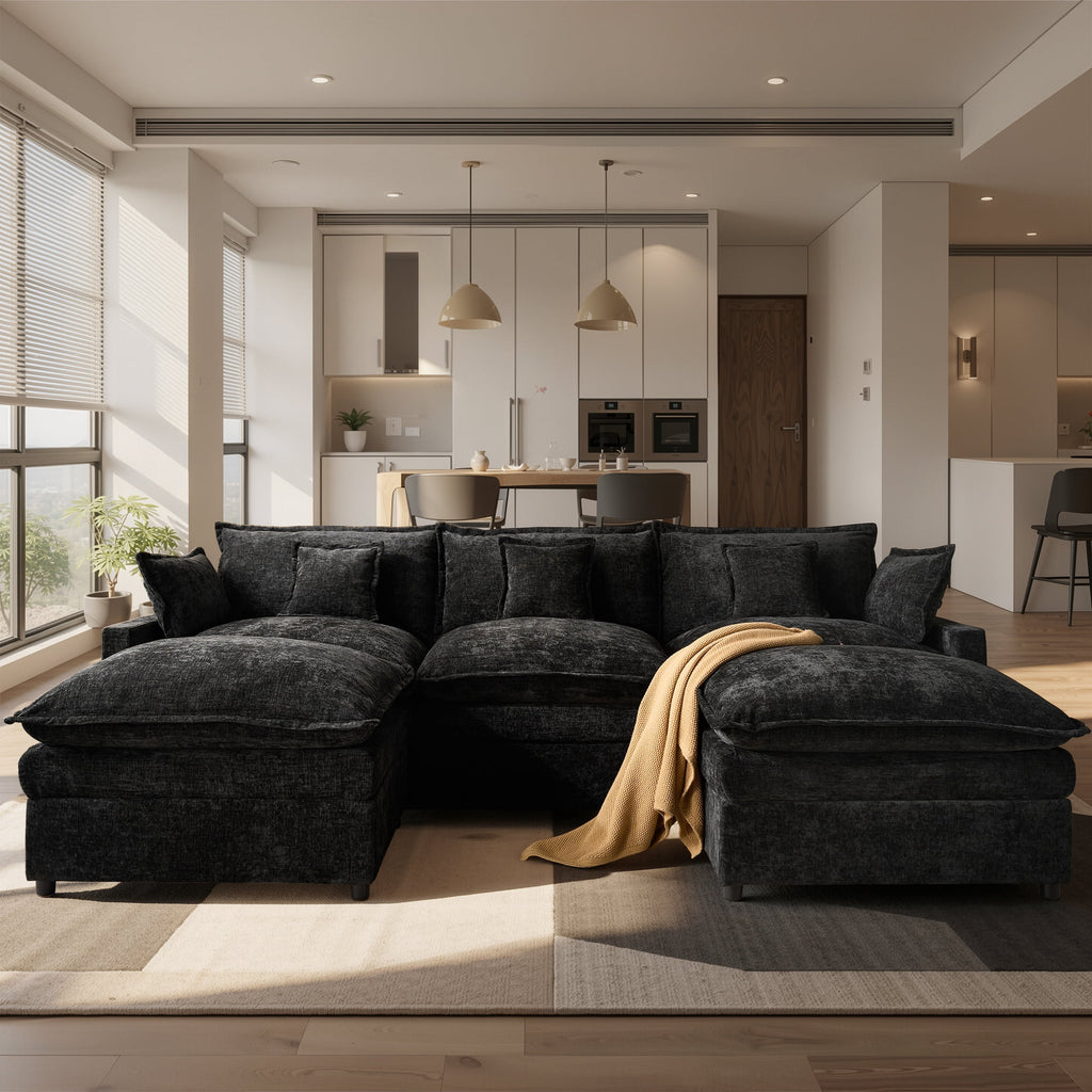 Ovios 108 Modular Sectional Sofa U-Shaped Cloud Couch with 2 Ottomans, Comfy Living Room Furniture, Chenille, Dark Blue