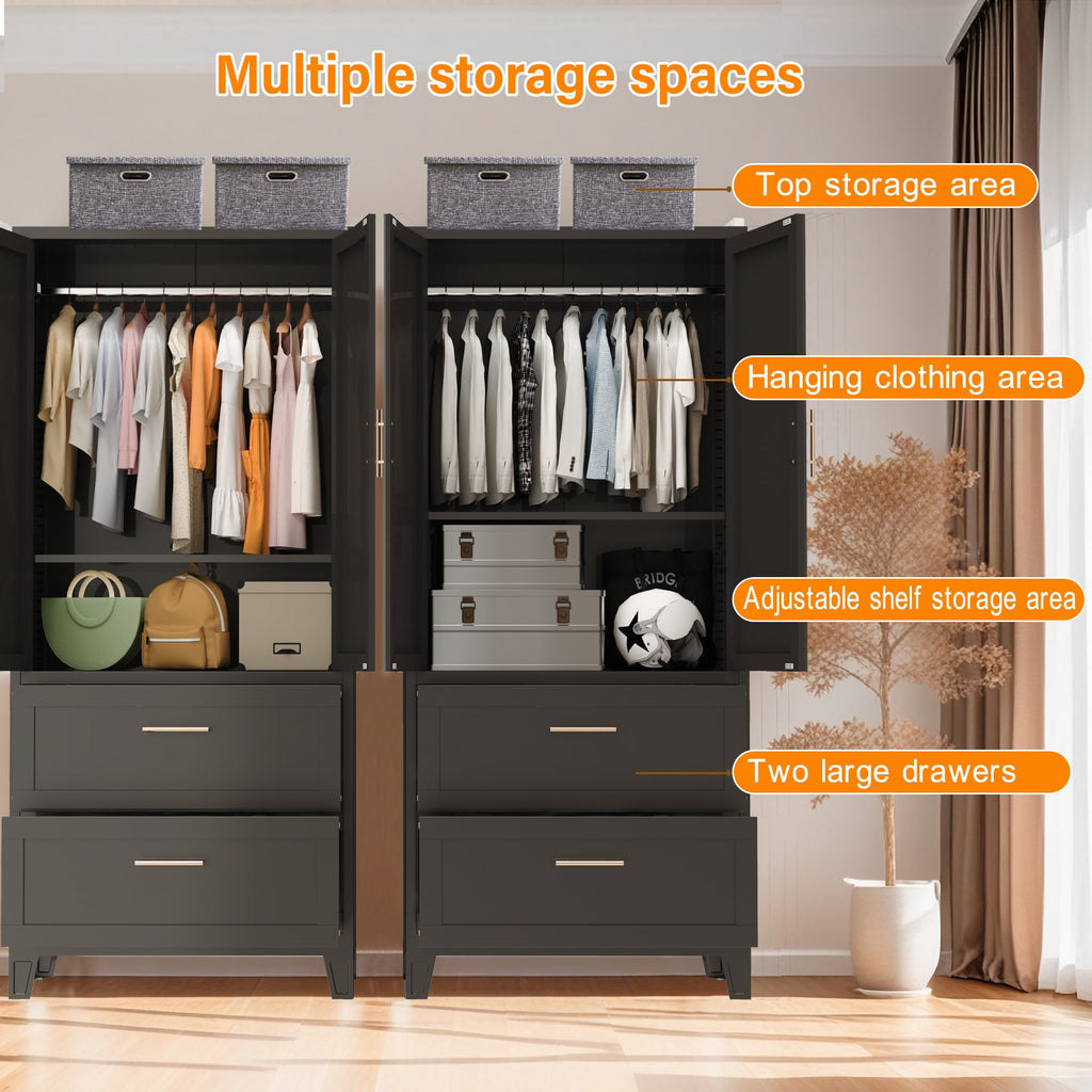 AISWORD 60 Tall Metal Wardrobe Cabinet with 1 Drawer and Hanging Rod, 2 Doors Closet with Adjustable Shelf, White