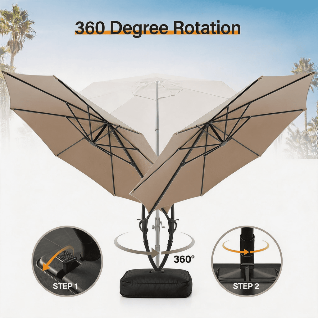 KAMEROUT 11FT Patio Umbrella with Fabric Sandbag Base, Outdoor Deluxe Curvy Cantilever Umbrella for Pool Deck, Champagne
