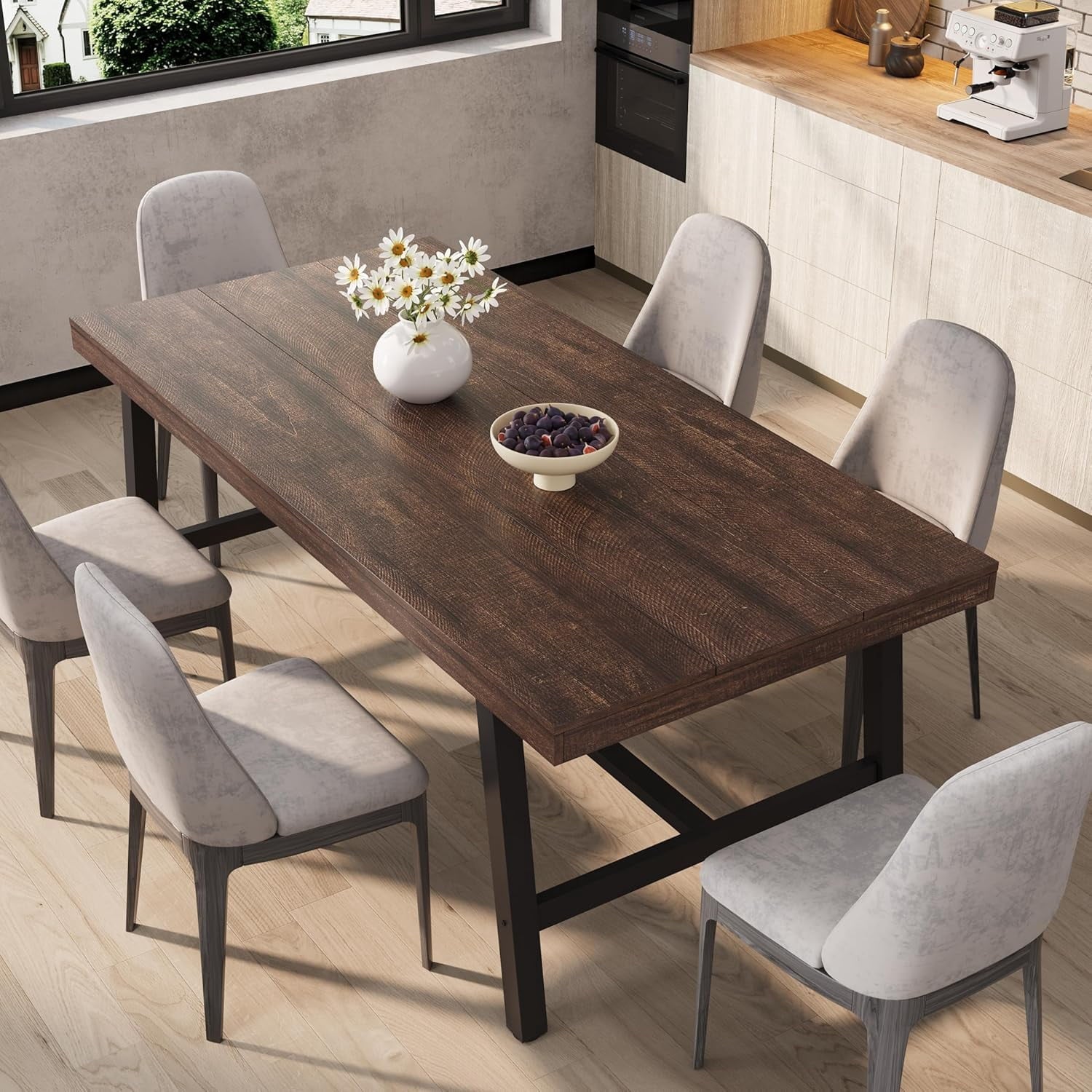Industrial Dining Table for 6-8 People, 70.87 Long Wooden Kitchen Table with Sturdy Metal Frame & Natural Finish, Seats 6 Rectangular Counter for Dinner, Kitchen, Dining Room - Natural