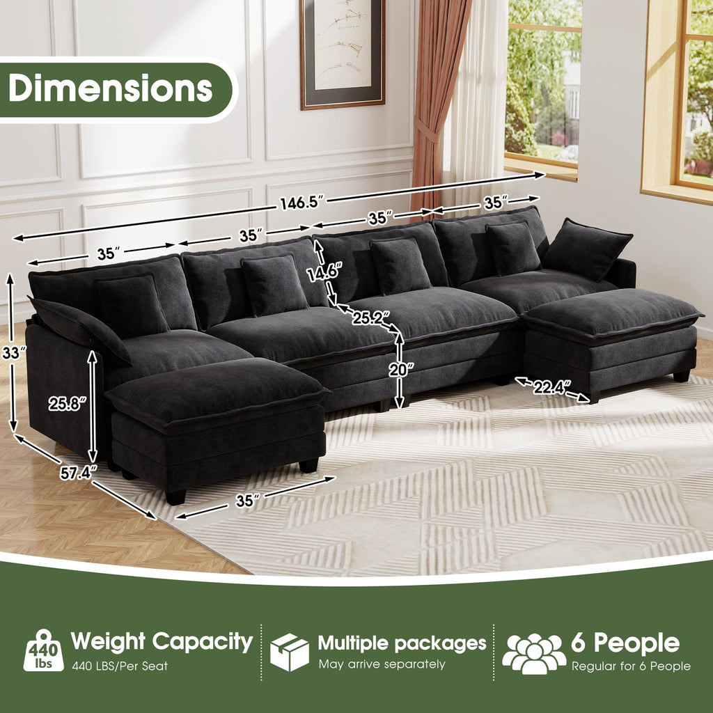 BedLuxury 111.5'' Modular Sectional Sofa with Movable Ottomans, U Shaped Cloud Couch for Living Room, 3-Seat, Beige
